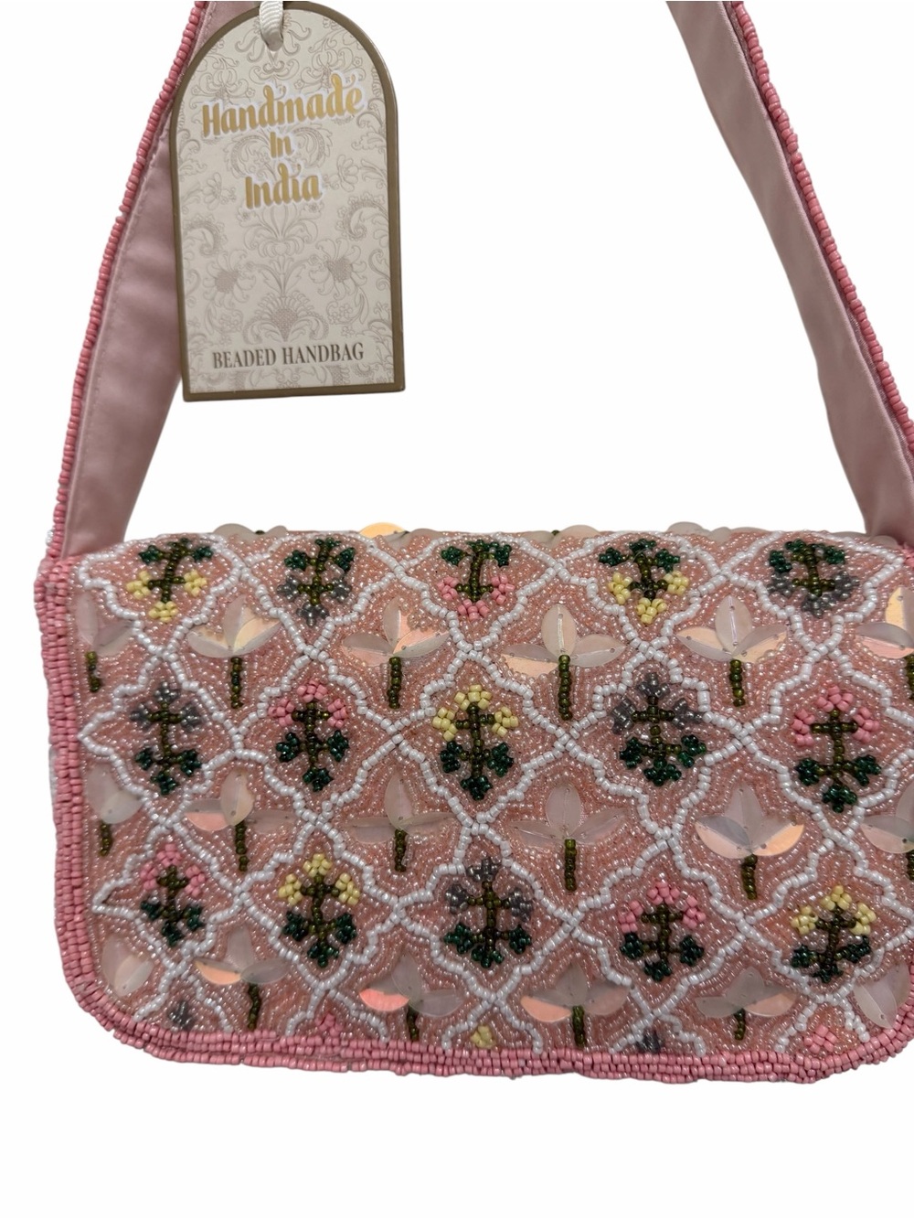 Made in India Pink & Green Garden Trellis Beaded Sequin Floral Bag New Release - Picture 9 of 10